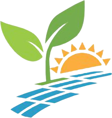 Logo de una planta que brota de unas placas solares con un sol al fondo